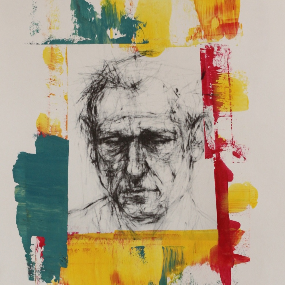 abstract painting with print drawn sketch man face